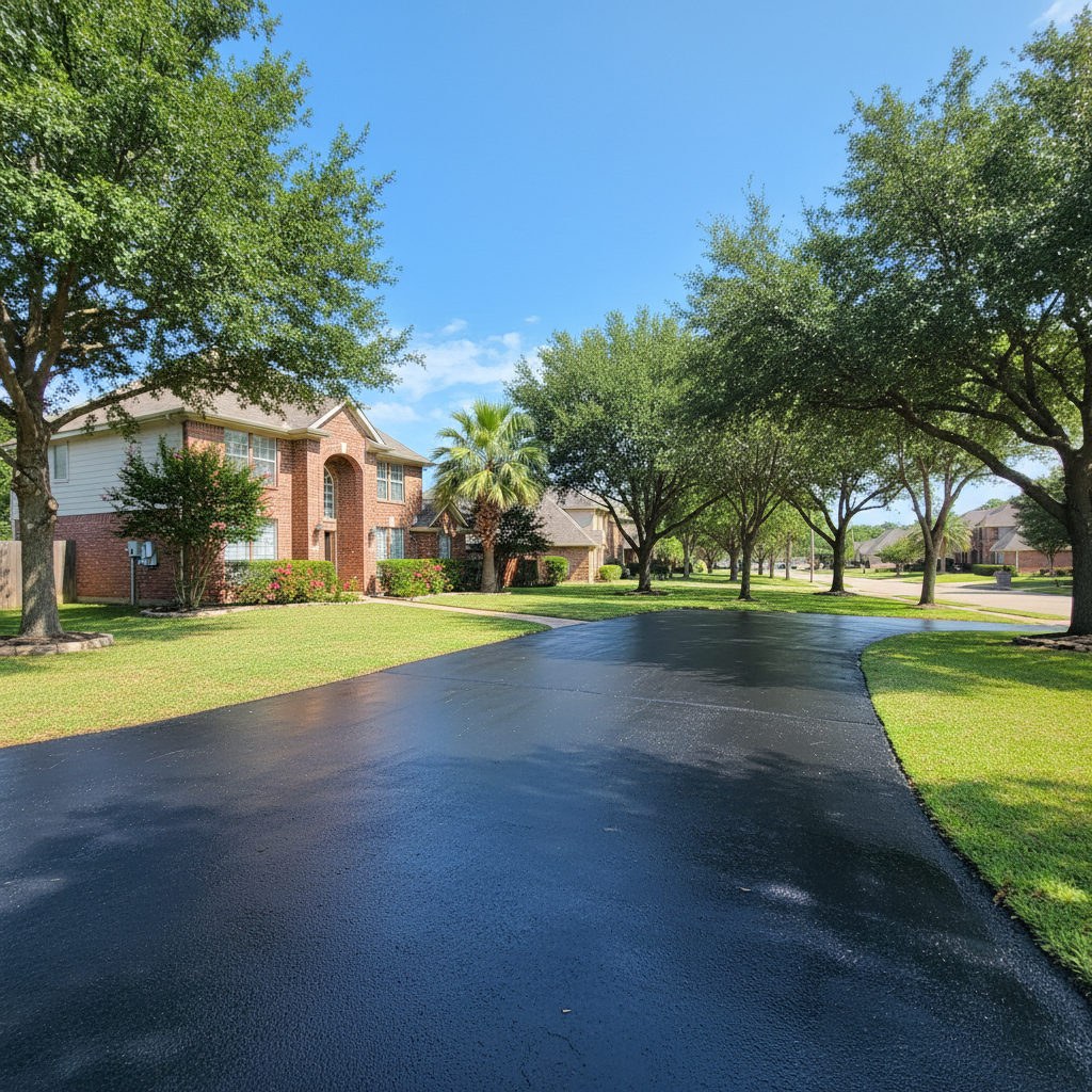 Completed asphalt sealcoating work at a residential property in Sugar Land, TX
