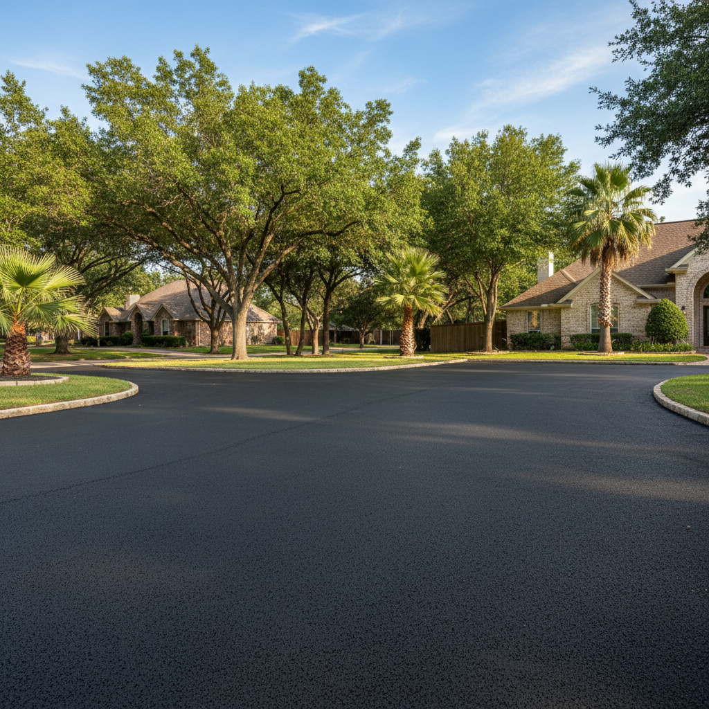 Completed parking lot paving work at a residential property in Sugar Land, TX