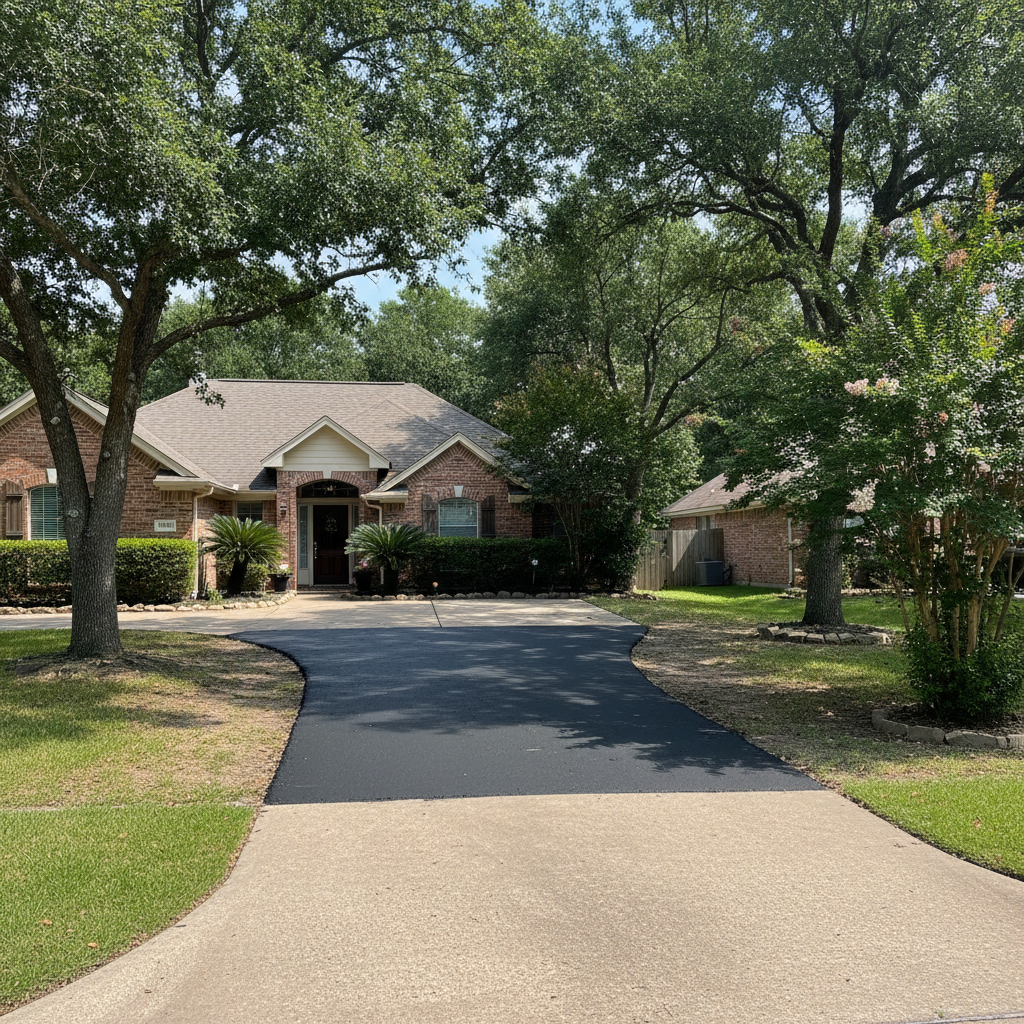 Completed asphalt repair work at a residential property in Sugar Land, TX