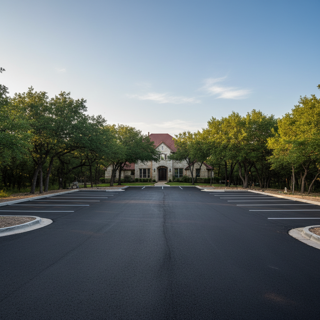 Completed parking lot paving work at a residential property in Leander, TX