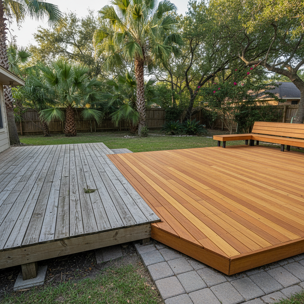 Completed wooden decks work at a residential property in Brownsville, TX