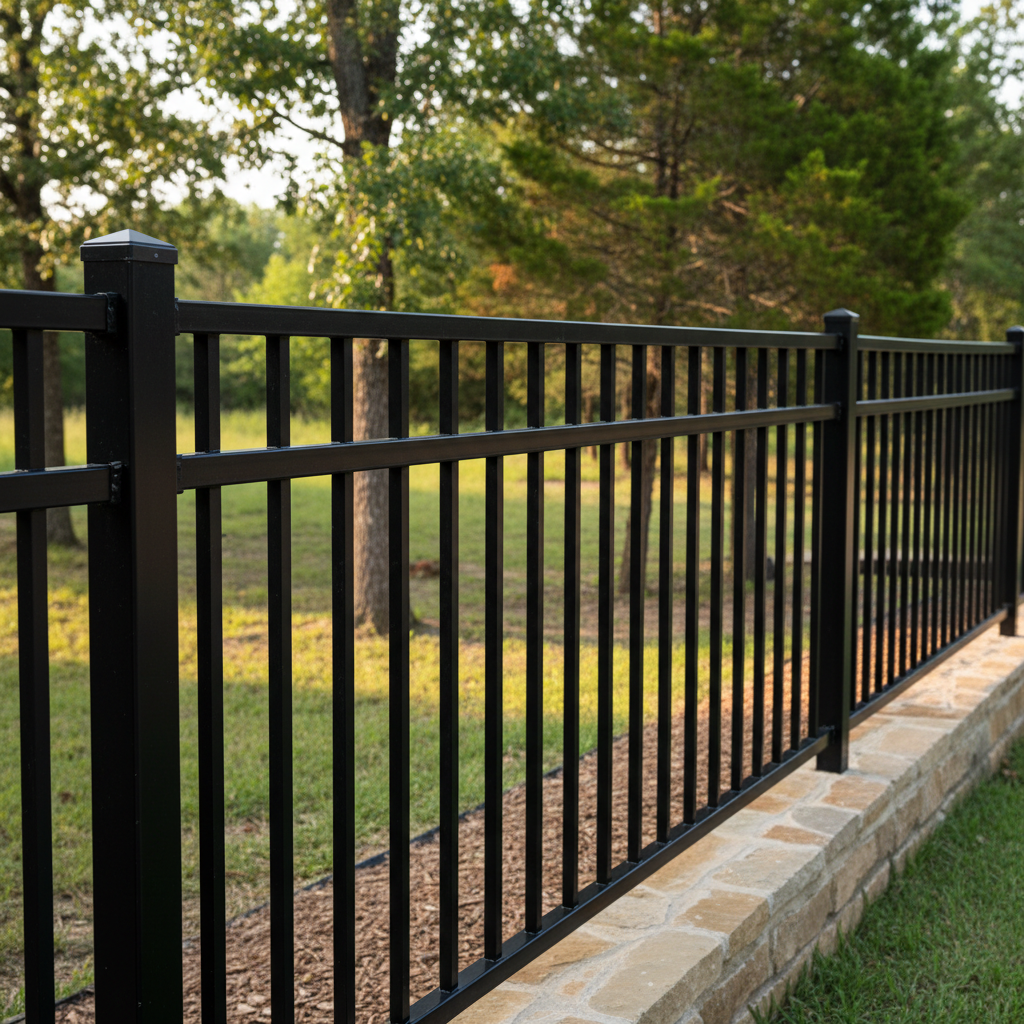 Completed aluminum fence installation work at a residential property in New Braunfels, TX