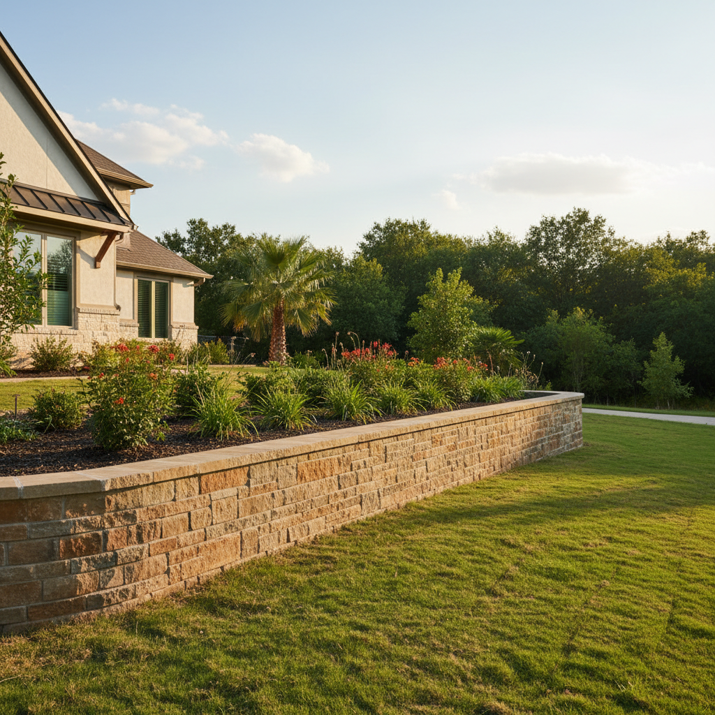 Completed retaining wall construction work at a residential property in Rosenberg, TX