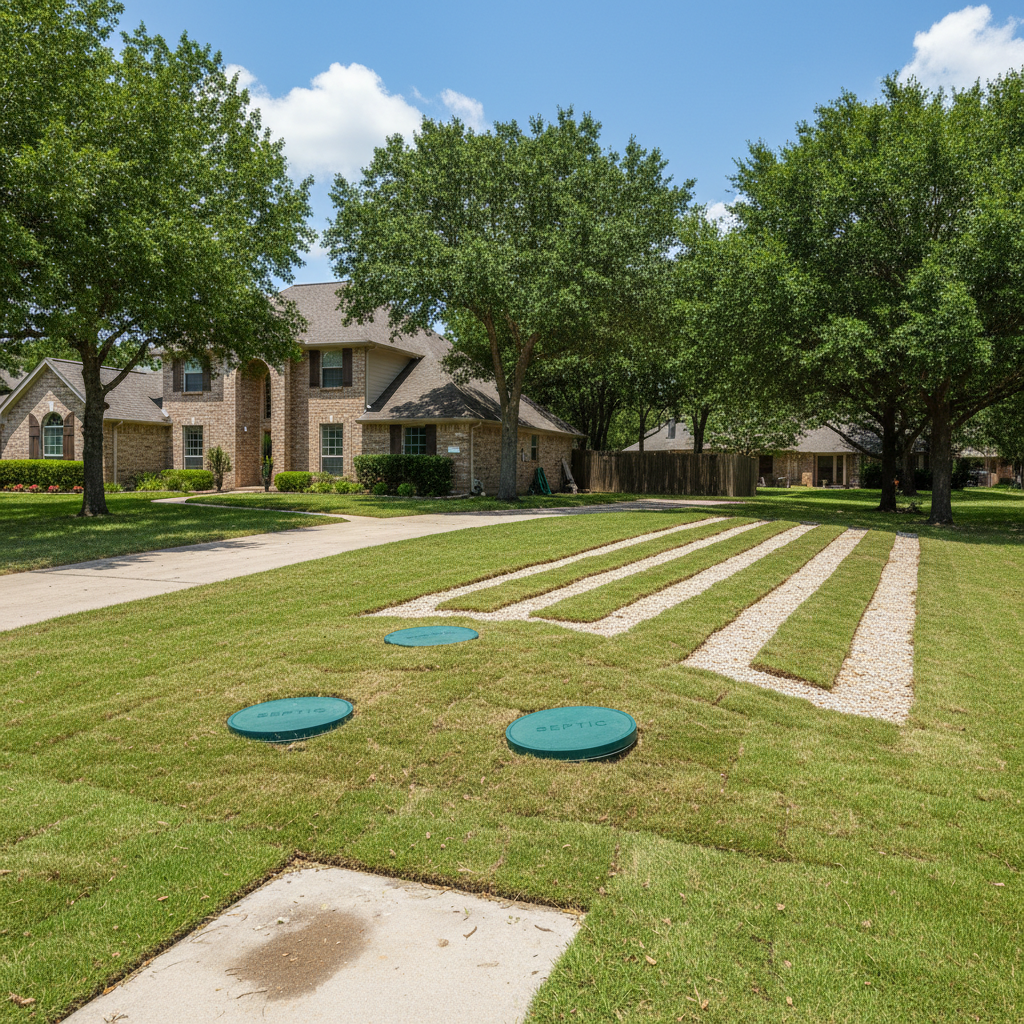 Completed septic system installation work at a residential property in Sugar Land, TX