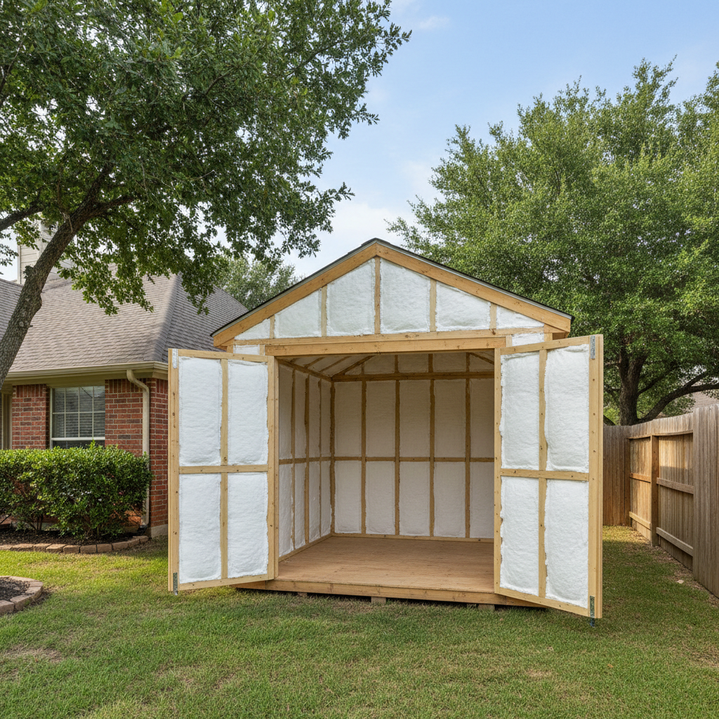 Completed shed insulation work at a residential property in Mansfield, TX