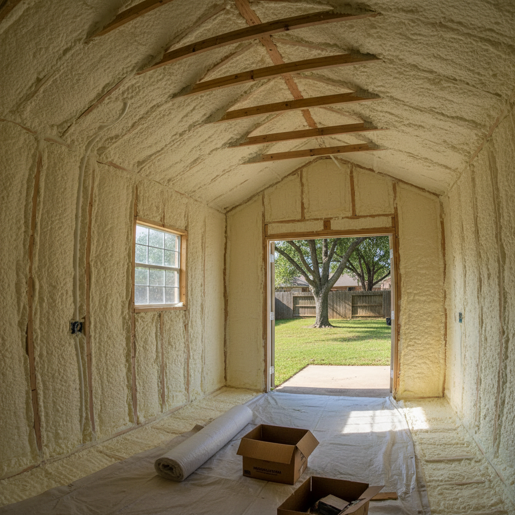 Completed shed insulation work at a residential property in Dallas, TX