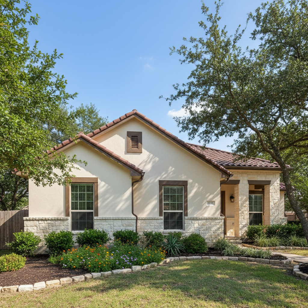 Completed stucco painting work at a residential property in Leander, TX