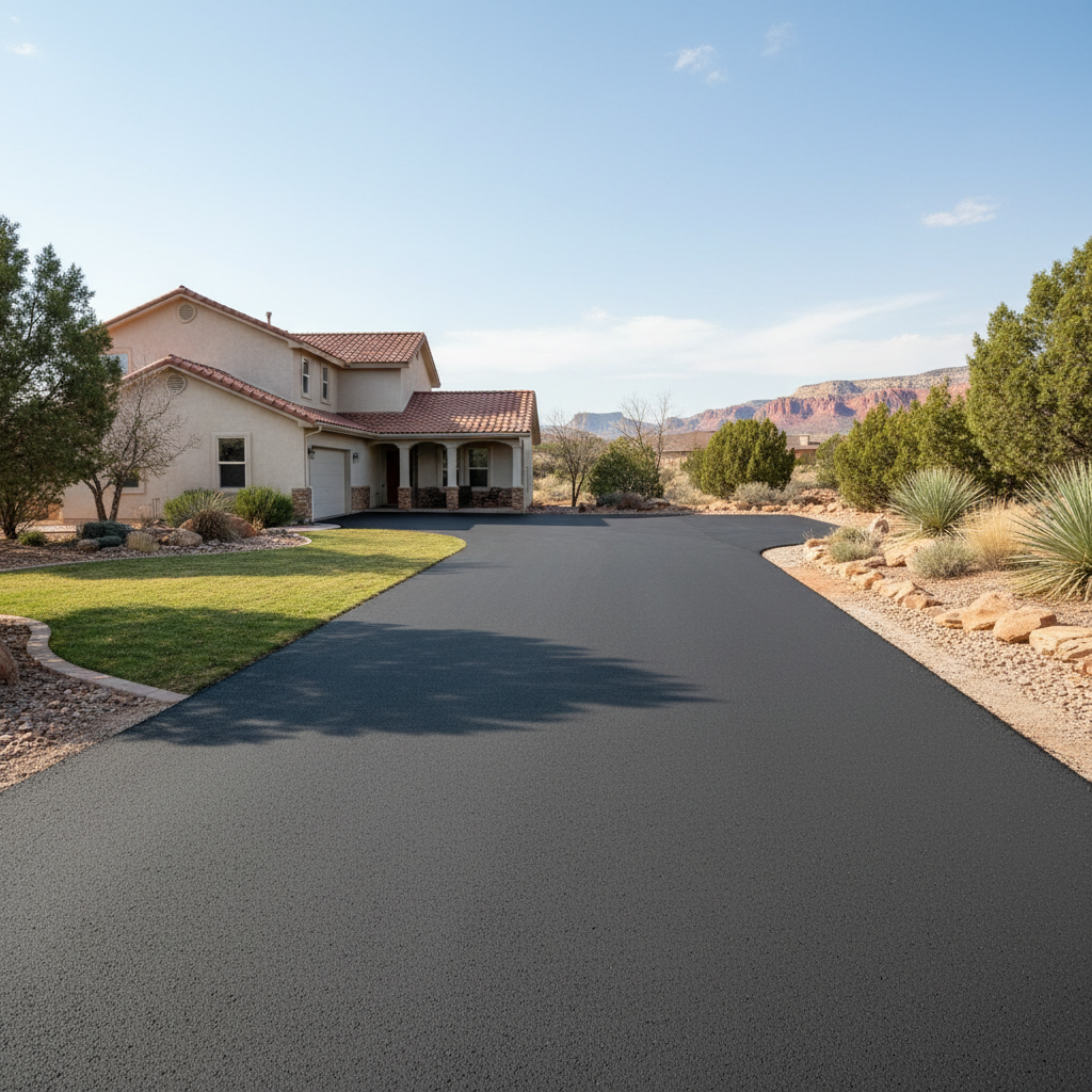 Completed driveway paving work at a residential property in Veyo, UT