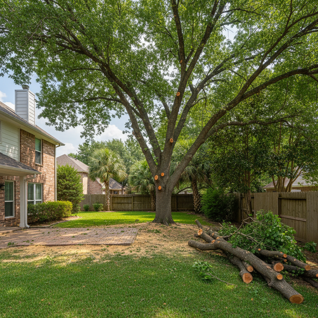 Completed tree pruning work at a residential property in Beaumont, TX