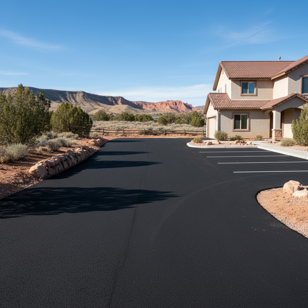 Completed parking lot paving work at a residential property in Veyo, UT