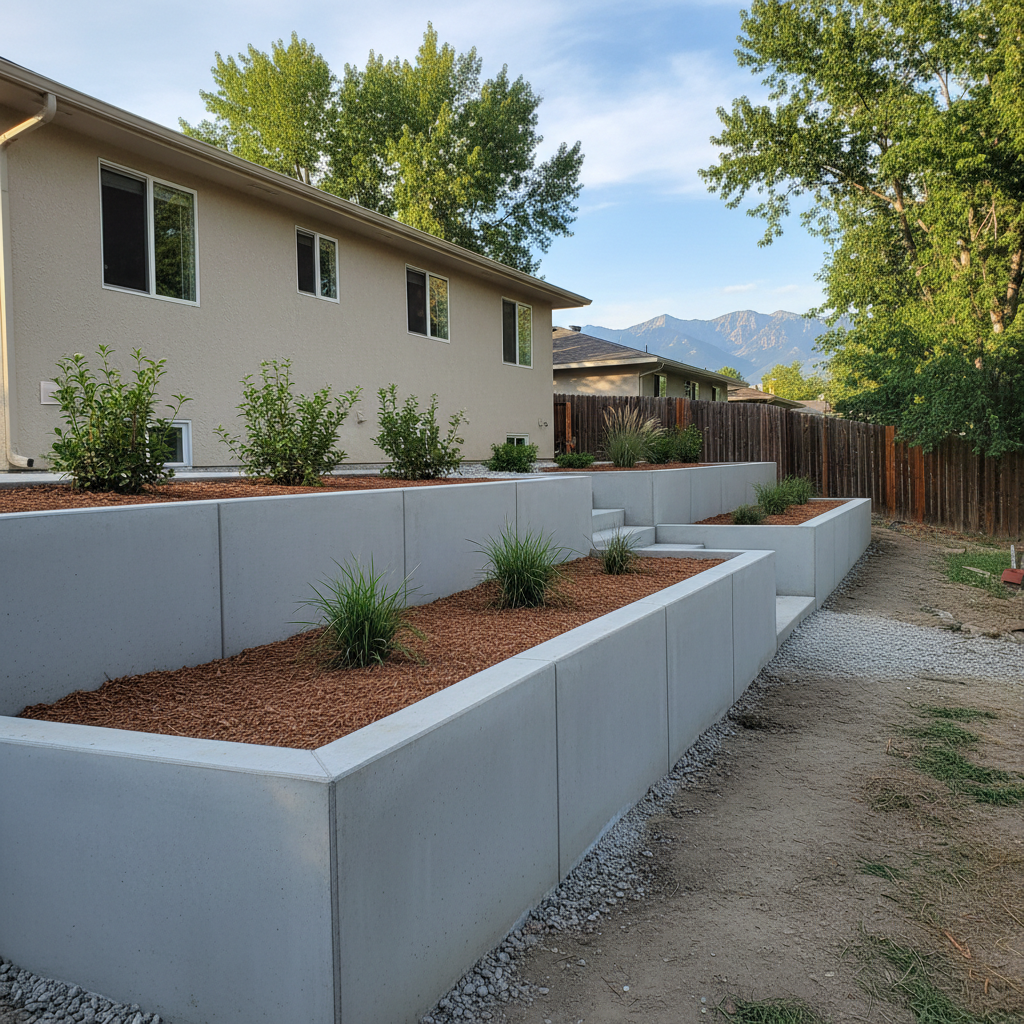 Completed concrete retaining walls work at a residential property in Millcreek, UT