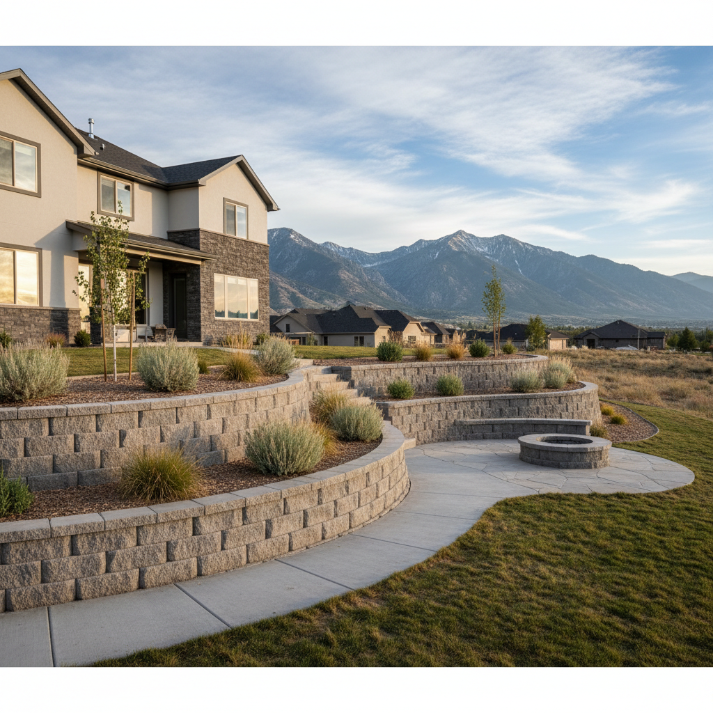 Completed concrete retaining walls work at a residential property in Sandy, UT