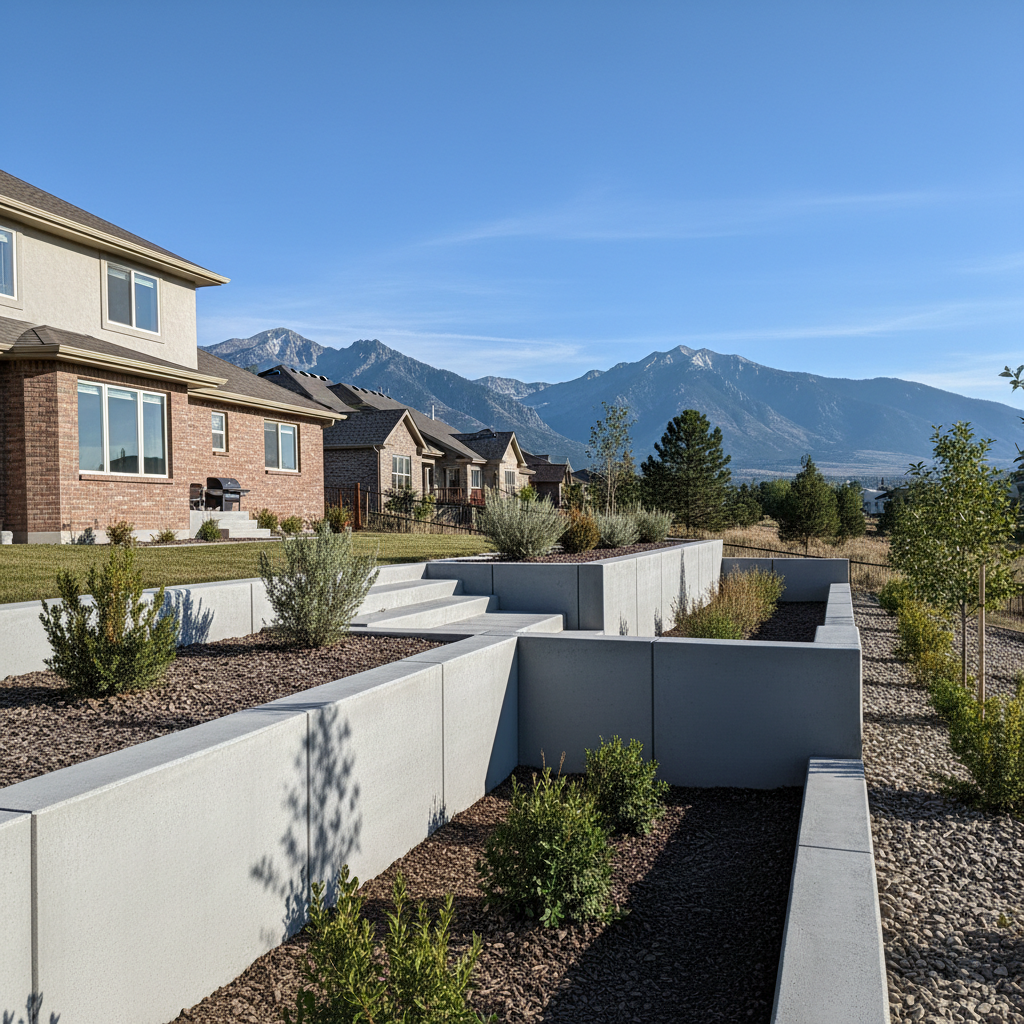Completed concrete retaining walls work at a residential property in Murray, UT