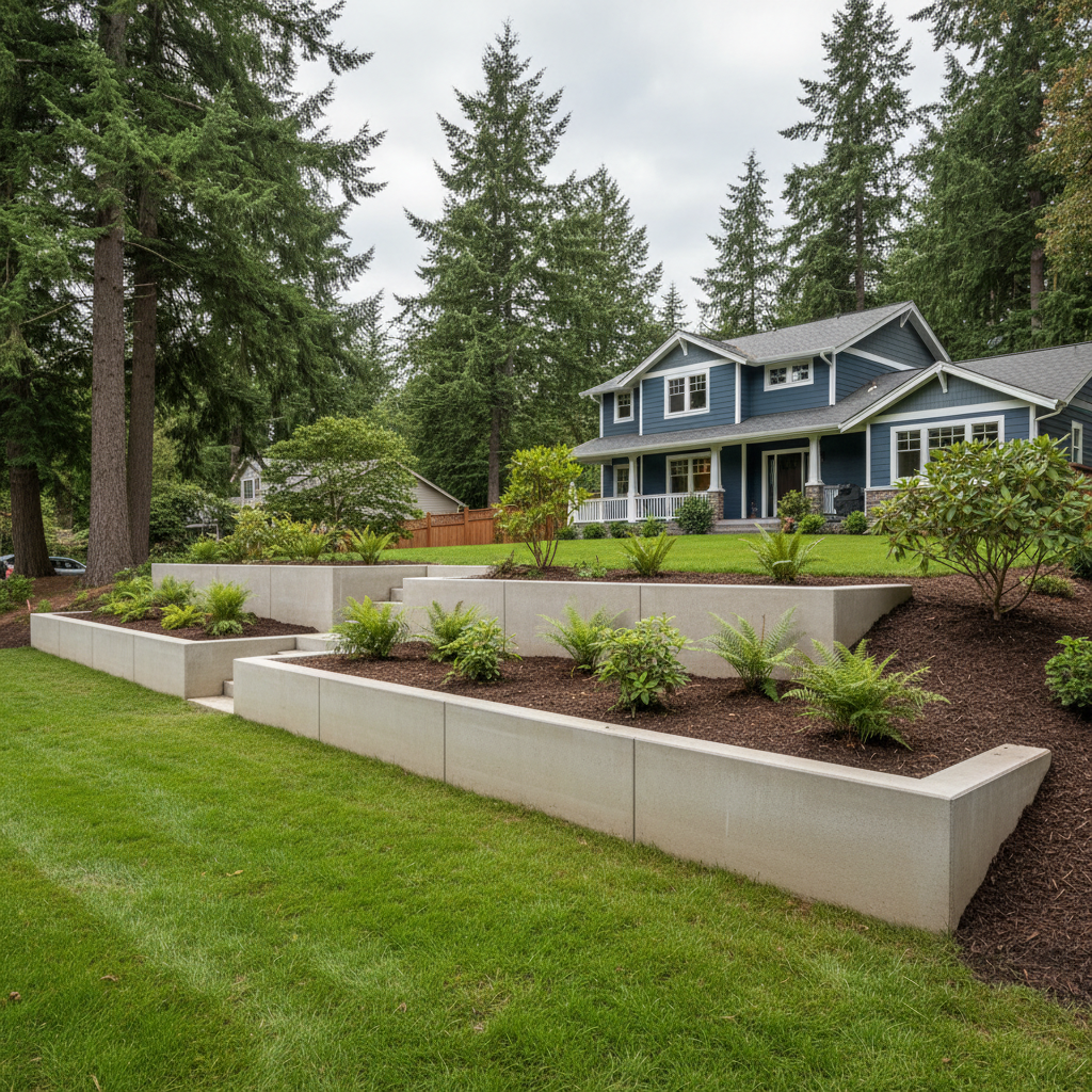 Completed concrete retaining walls work at a residential property in Lynnwood, WA