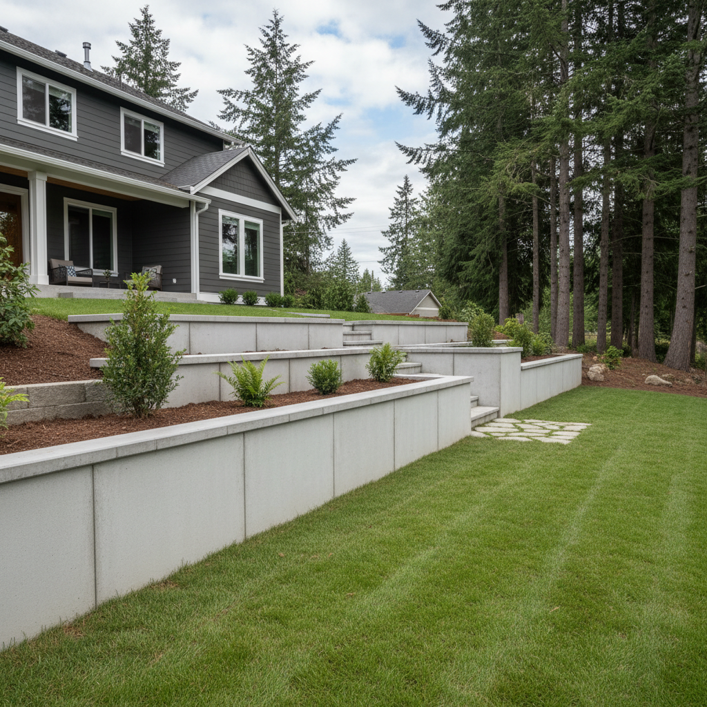 Completed concrete retaining walls work at a residential property in Bothell, WA