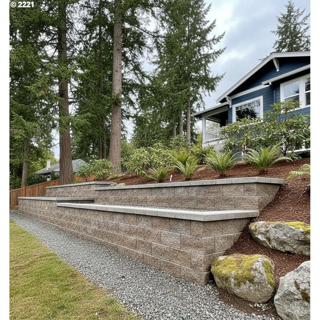 Completed concrete retaining walls work at a residential property in Bremerton, WA