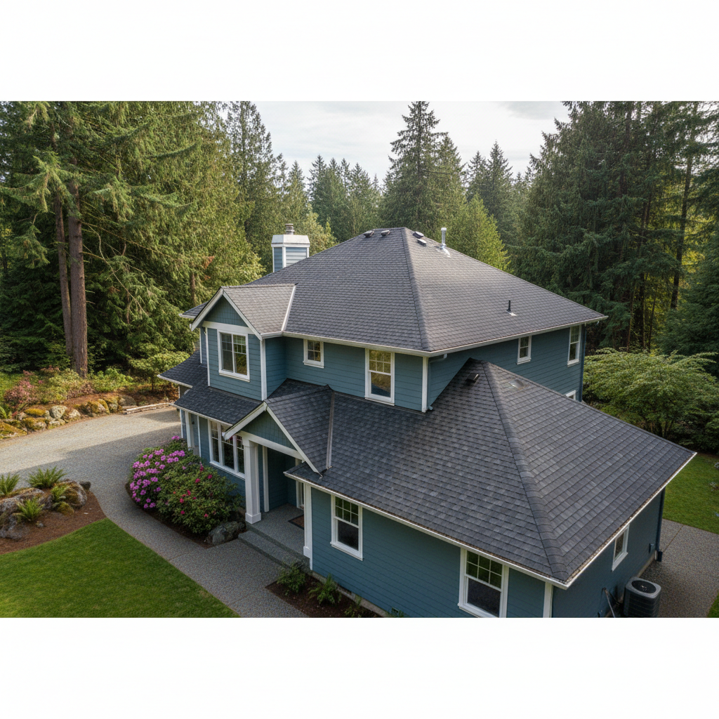 Completed asphalt shingle roofing work at a residential property in Mercer Island, WA
