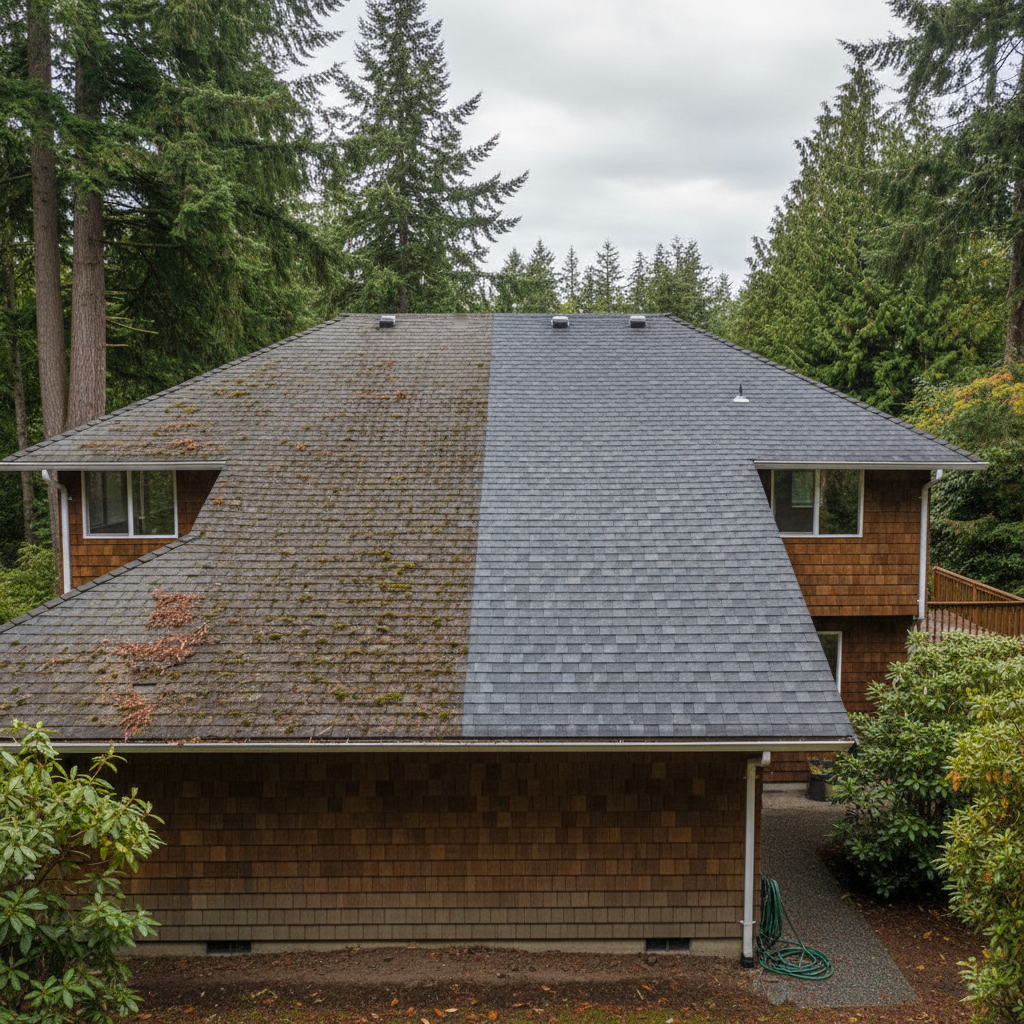 Completed roof replacement work at a residential property in Mercer Island, WA