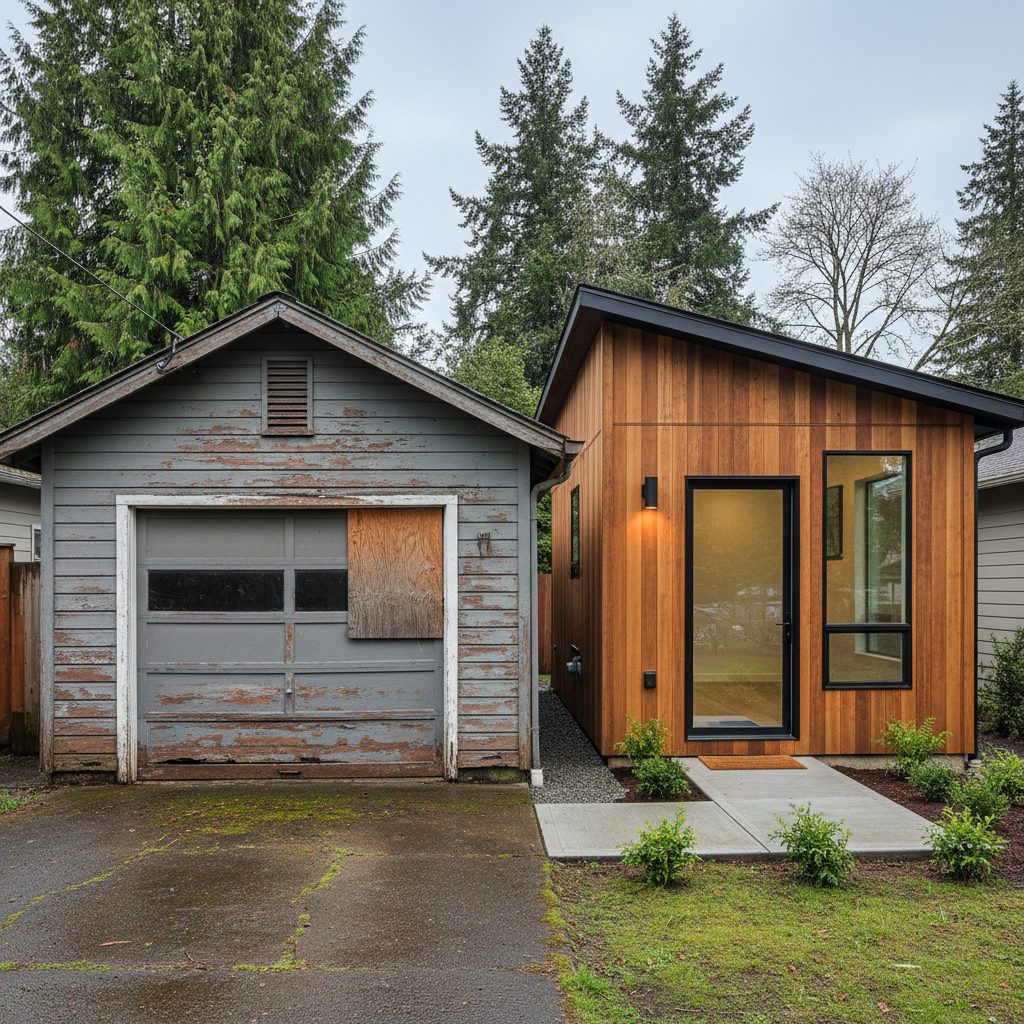 Completed garage conversion work at a residential property in Portland, OR