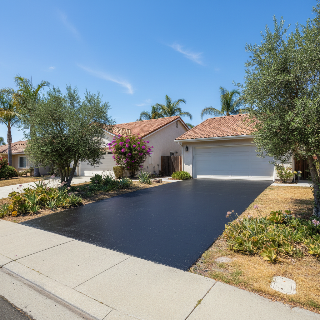 Completed asphalt sealcoating work at a residential property in Oceanside, CA