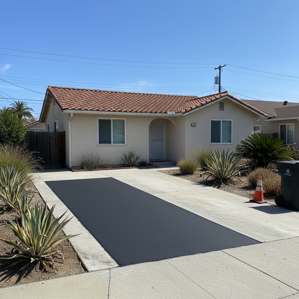 Completed asphalt patching work at a residential property in Oceanside, CA
