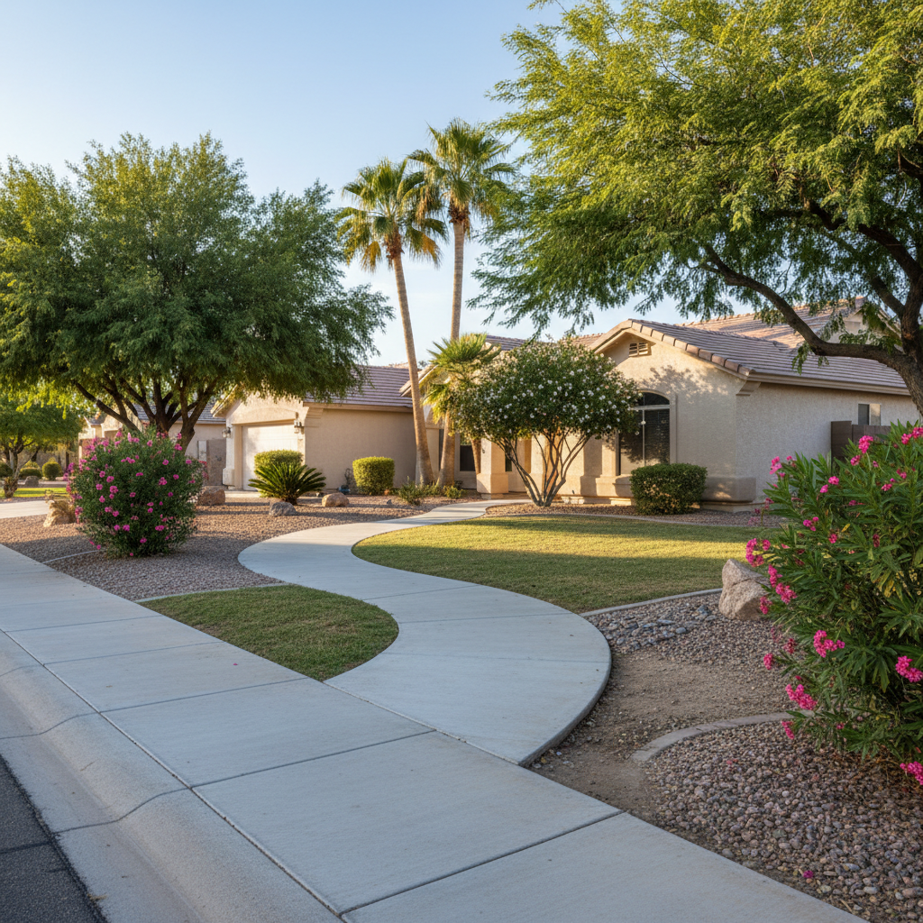 Completed concrete sidewalks work at a residential property in Laveen Village, AZ