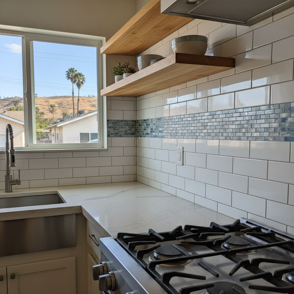 Completed backsplash installation work at a residential property in Pomona, CA
