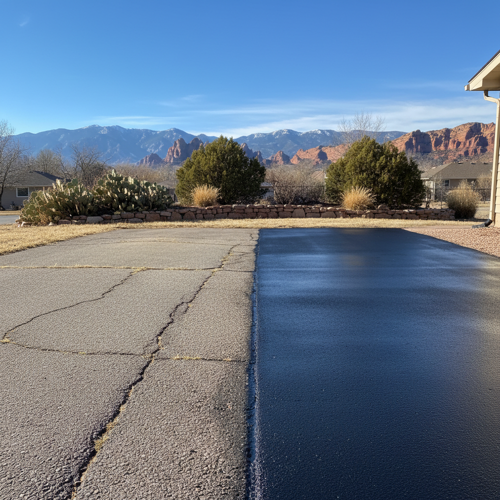 Completed asphalt sealcoating work at a residential property in Canon City, CO