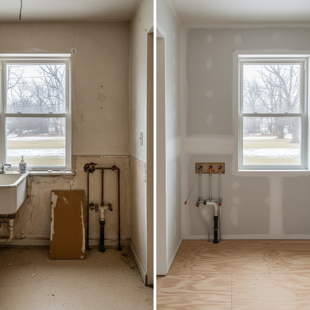 Completed plumbing rough-in work at a residential property in Waterbury, CT