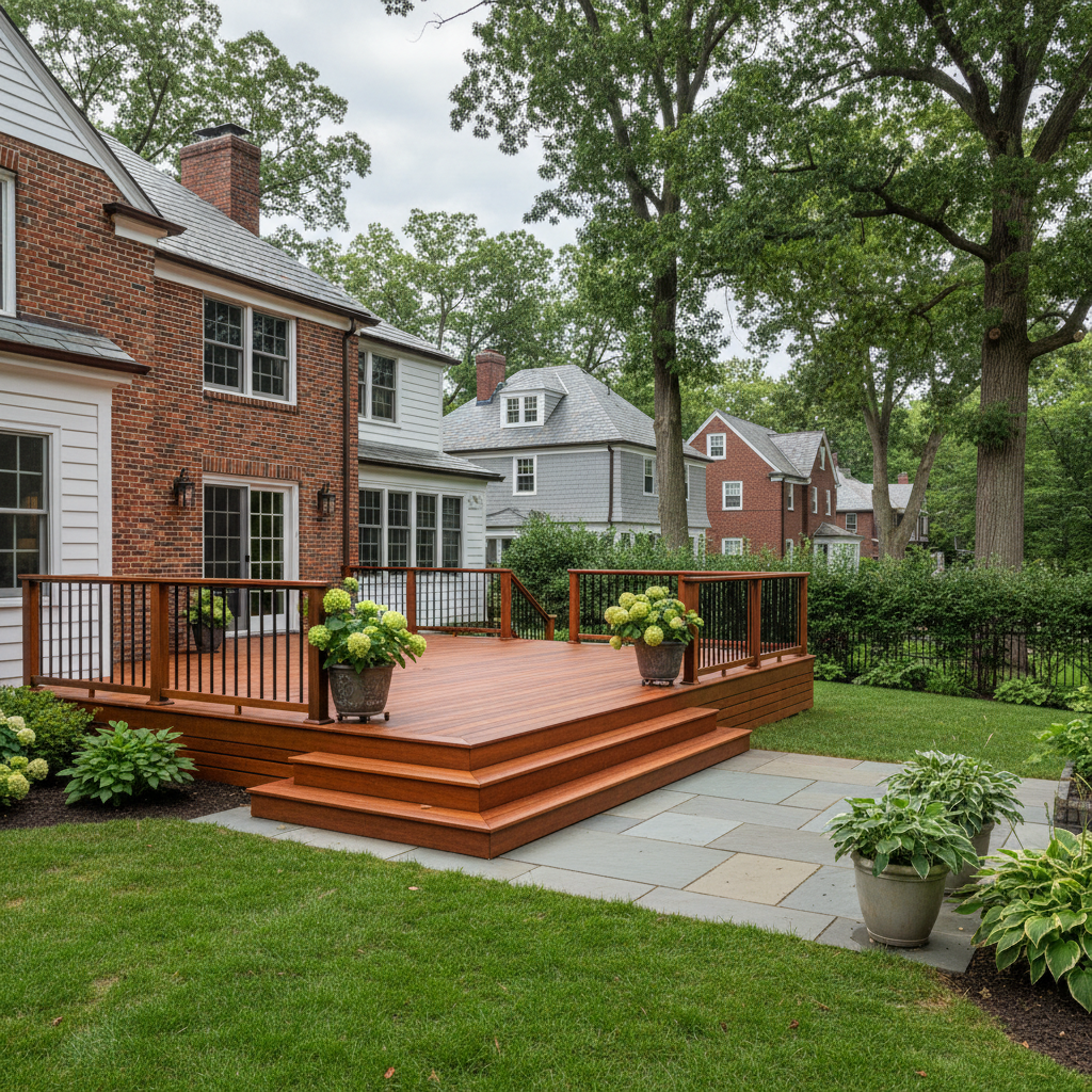 Completed deck construction work at a residential property in Brookline, MA
