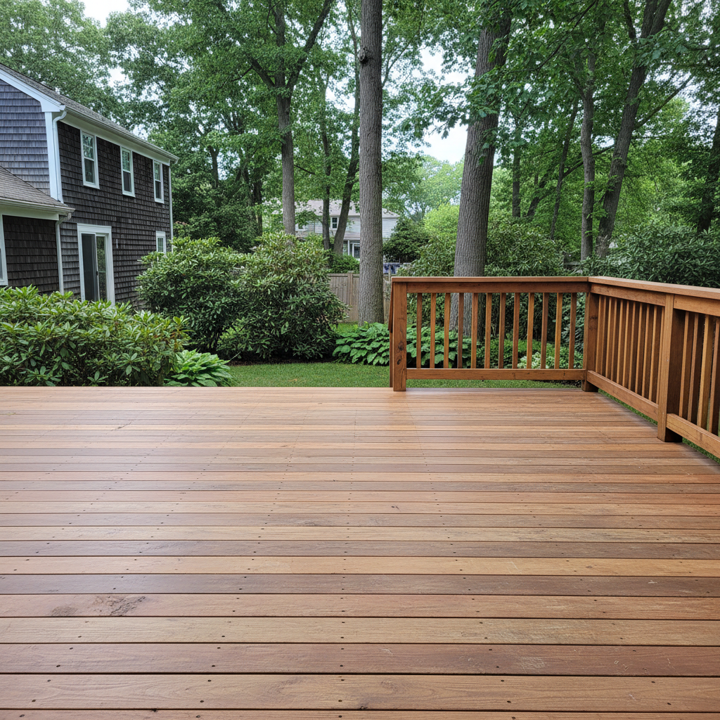 Completed wooden decks work at a residential property in Brookline, MA