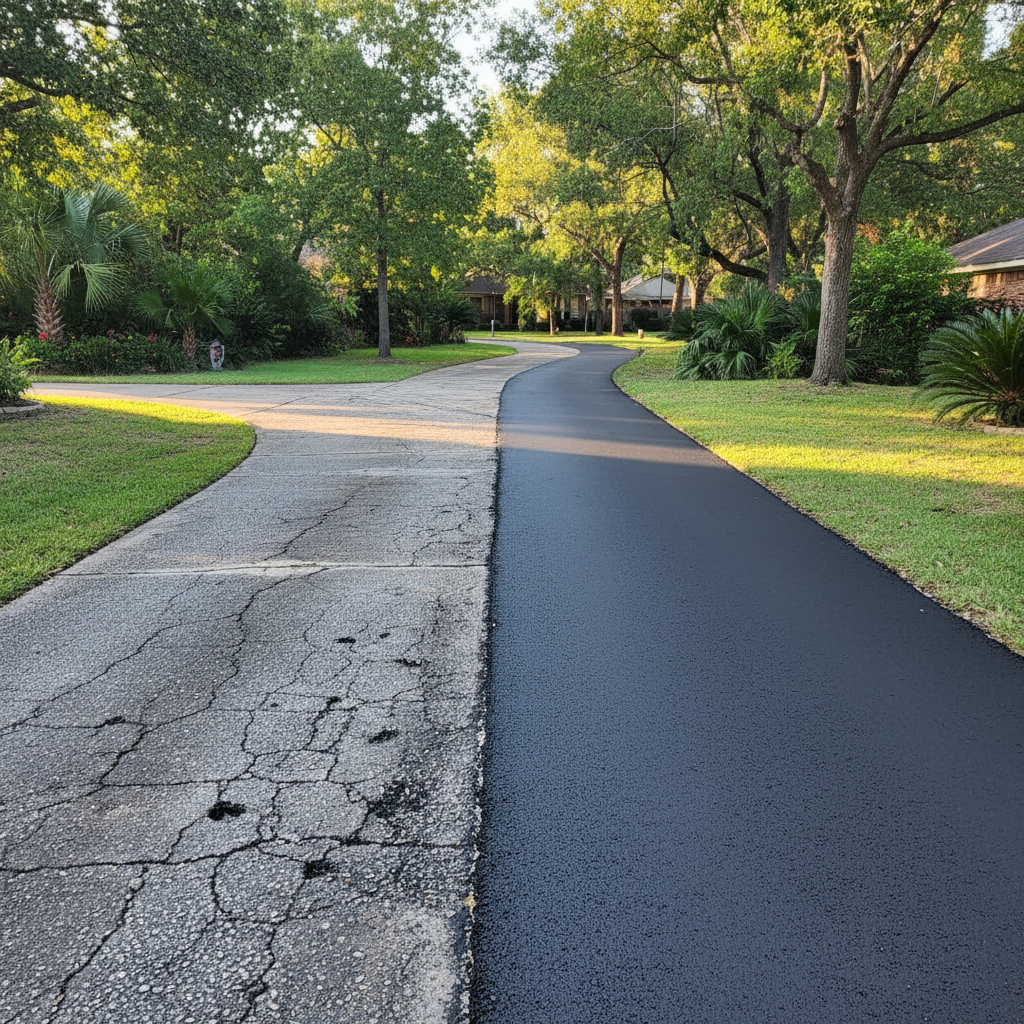 Completed asphalt repair work at a residential property in Humble, TX