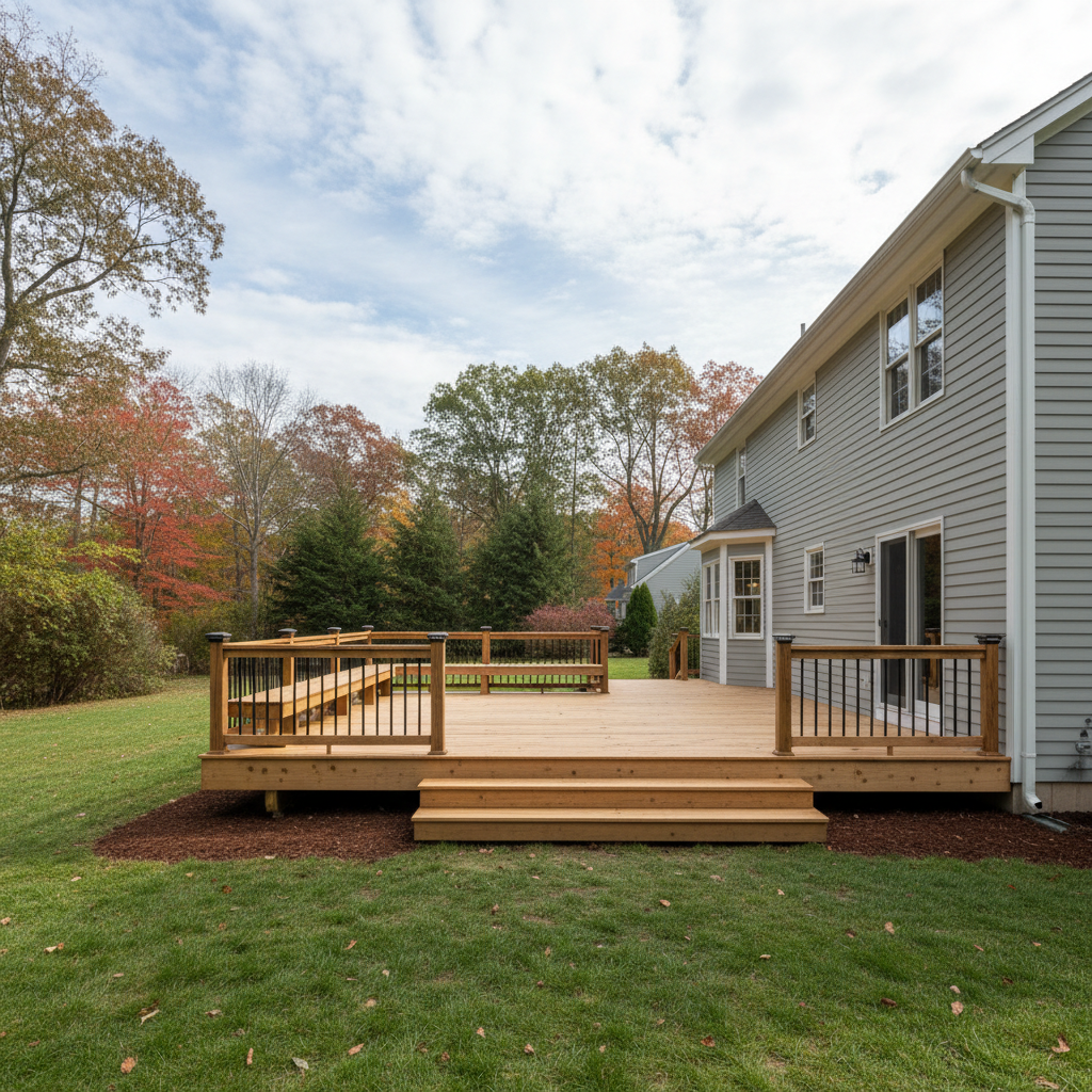 Completed deck construction work at a residential property in North Attleborough, MA