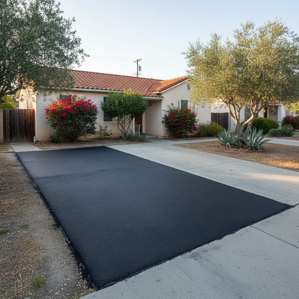 Completed asphalt repair work at a residential property in Brea, CA