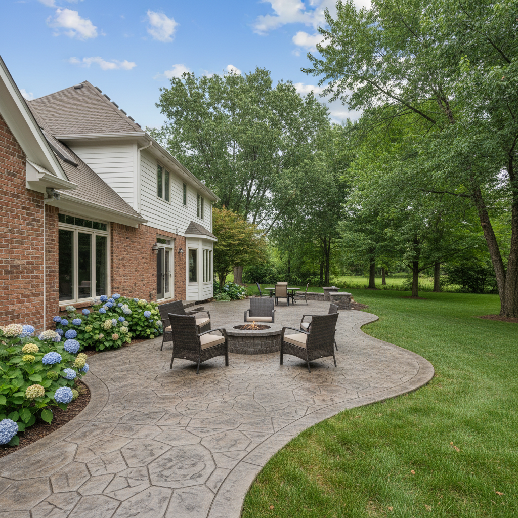 Completed stamped concrete work at a residential property in Naperville, IL