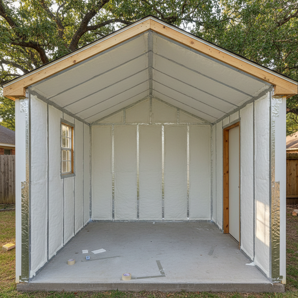 Completed shed insulation work at a residential property in San Marcos, TX