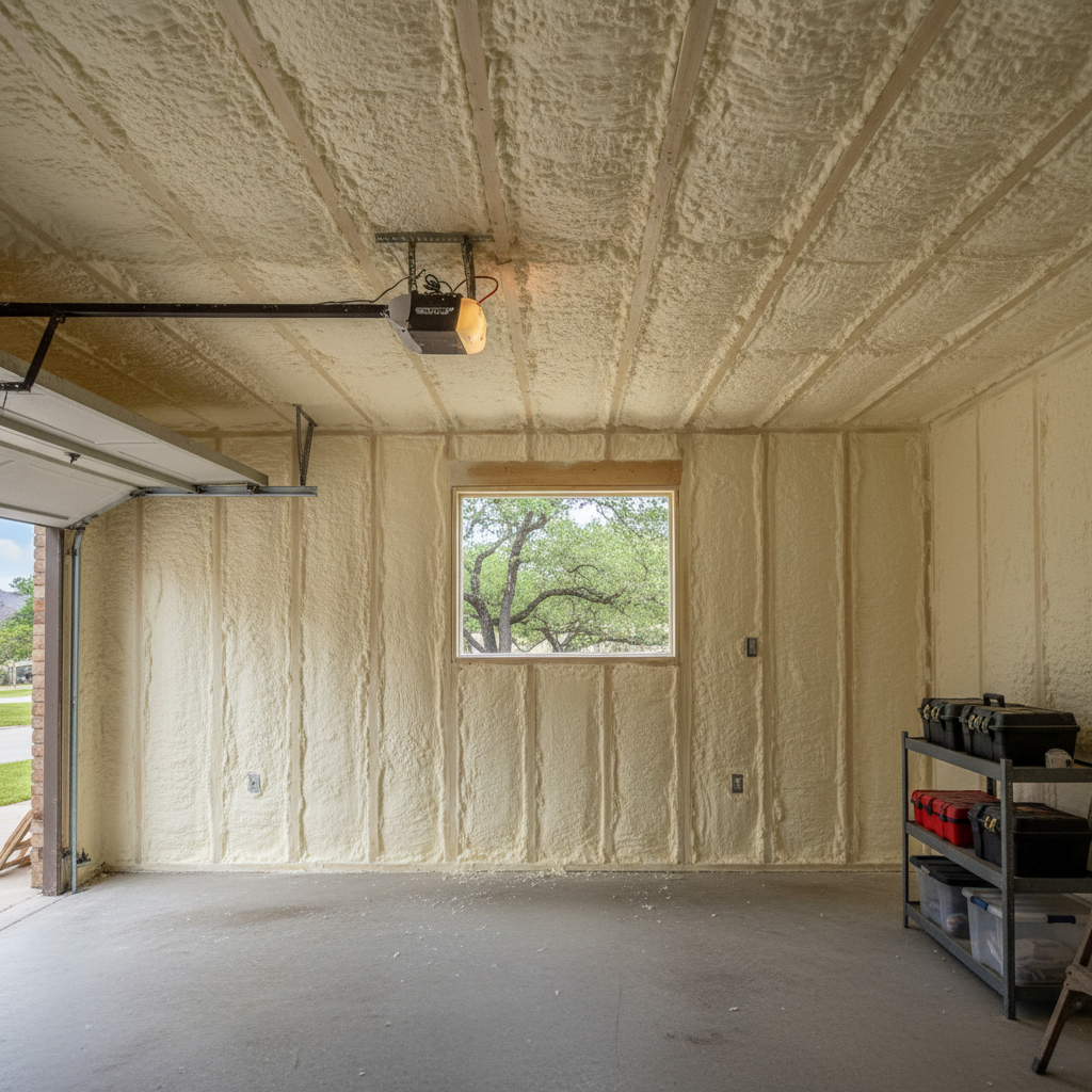 Completed garage insulation work at a residential property in Austin, TX