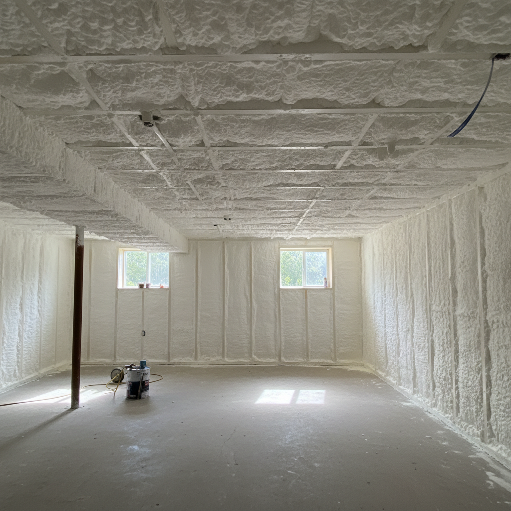 Completed basement insulation work at a residential property in New Braunfels, TX