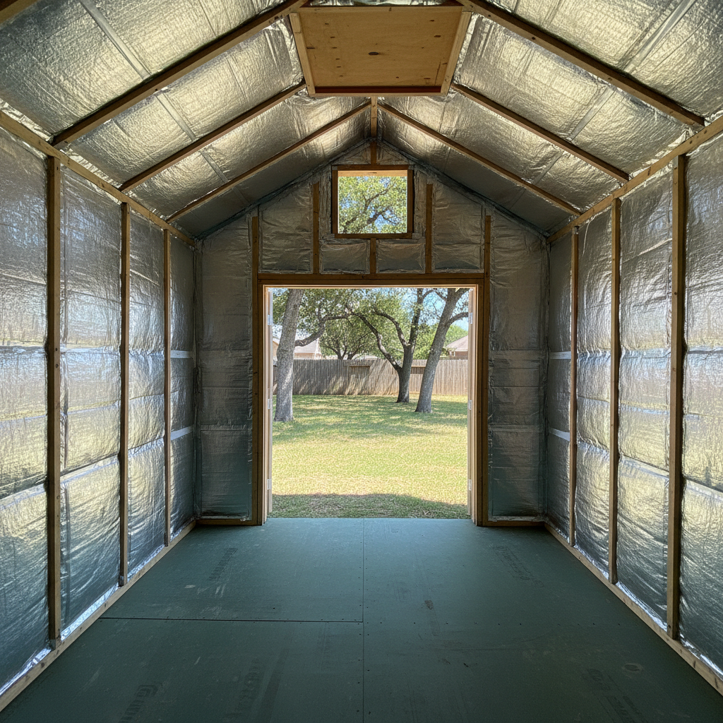 Completed shed insulation work at a residential property in Schertz, TX