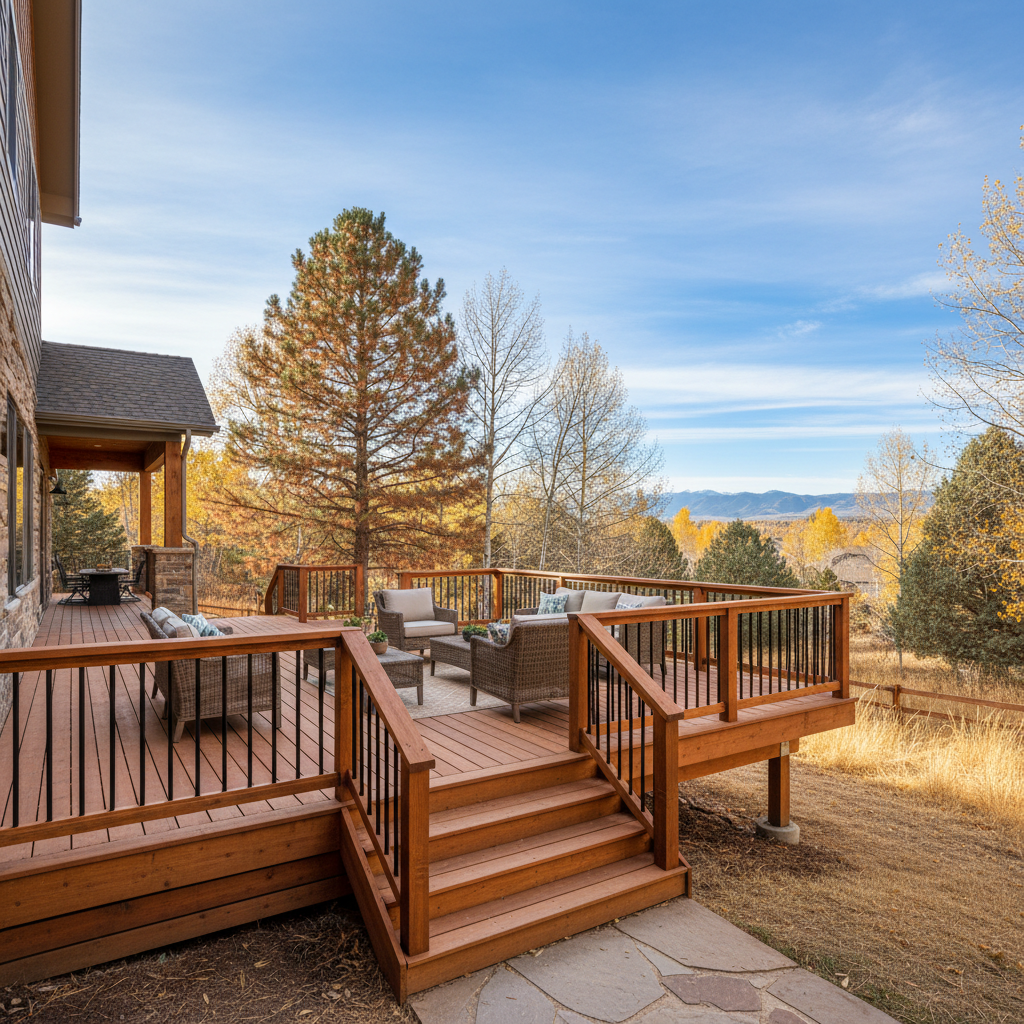 Completed deck construction work at a residential property in Lakewood, CO