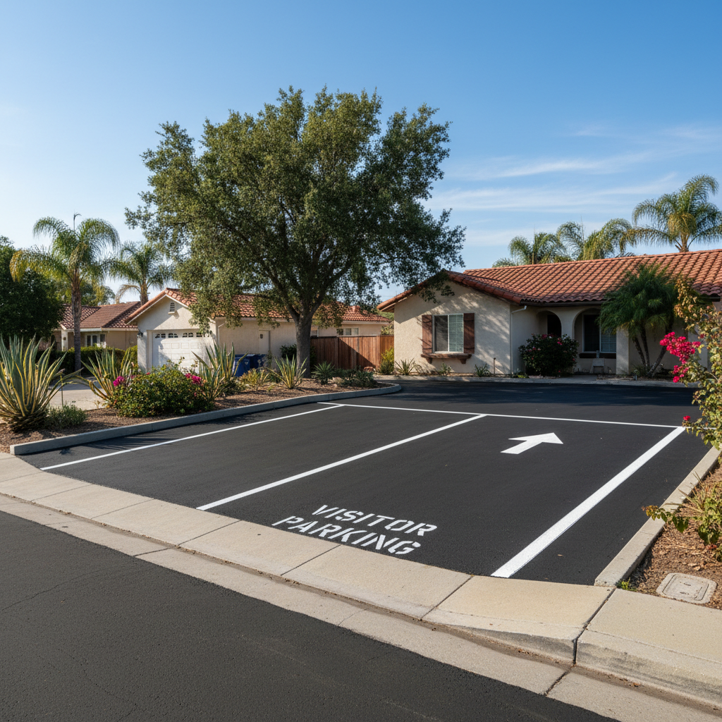 Completed asphalt striping work at a residential property in Placentia, CA