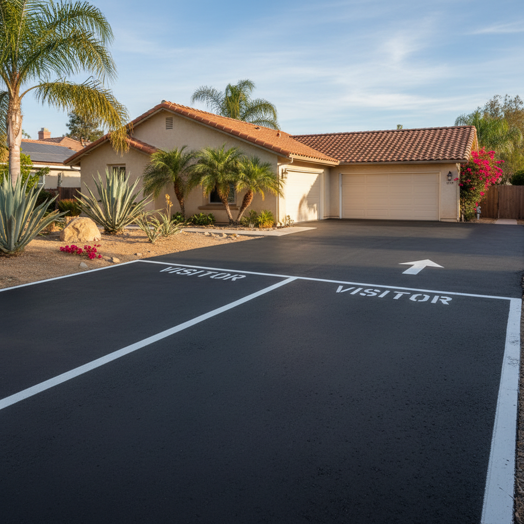 Completed asphalt striping work at a residential property in Placentia, CA
