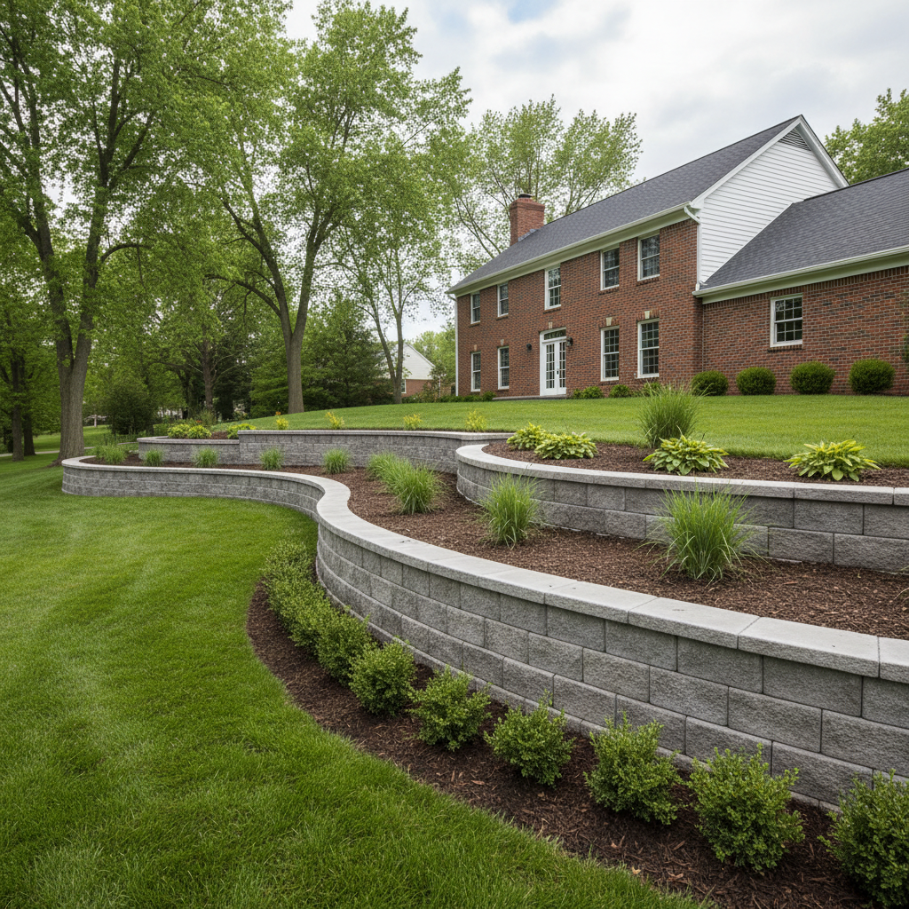 Completed concrete retaining walls work at a residential property in Aurora, IL