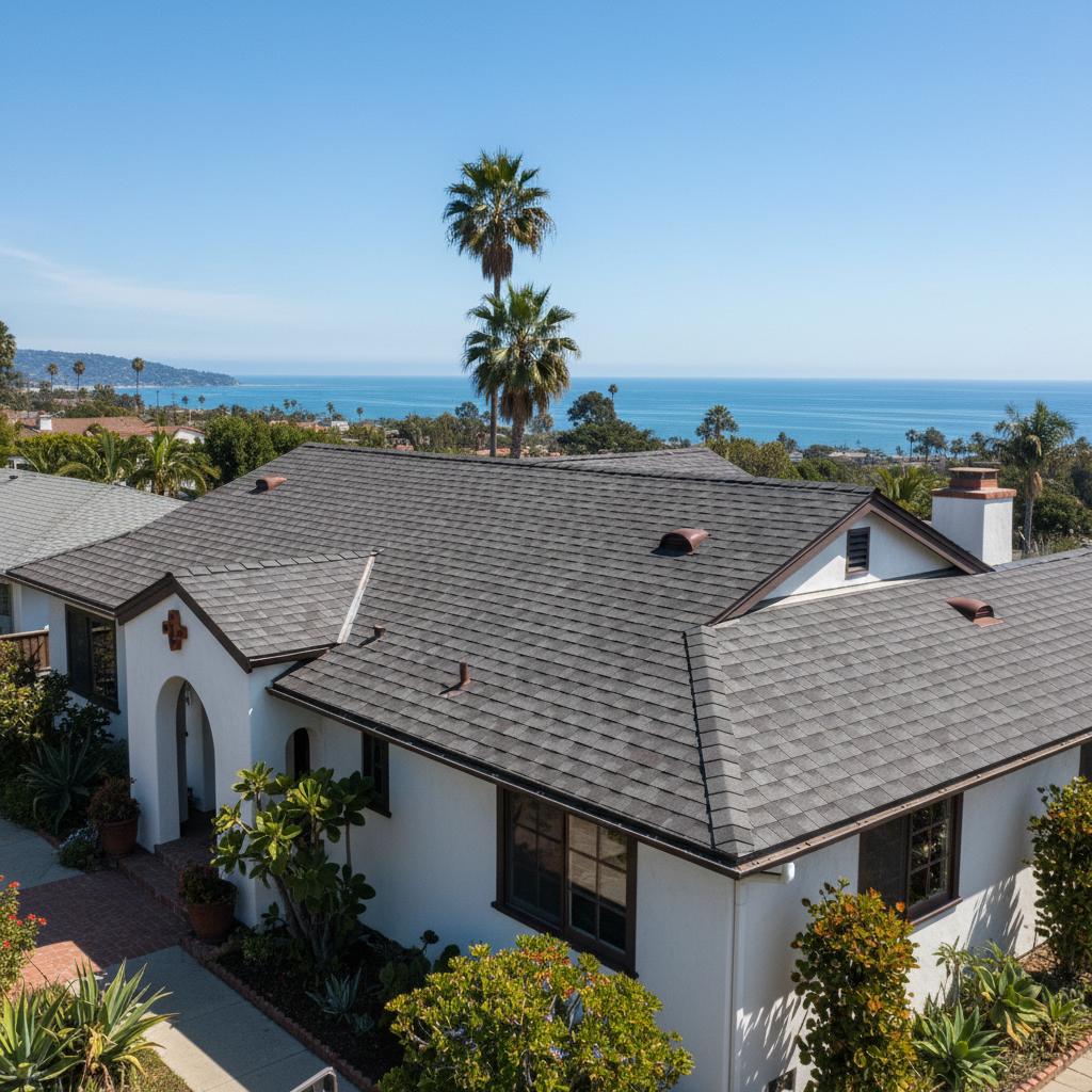 Completed asphalt shingle roofing work at a residential property in Santa Monica, CA