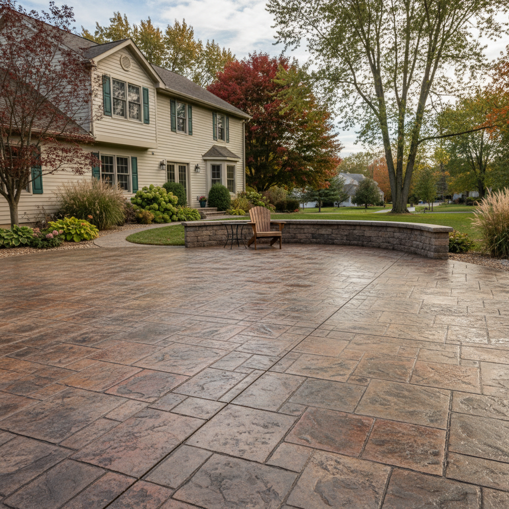 Completed stamped concrete work at a residential property in Aurora, IL