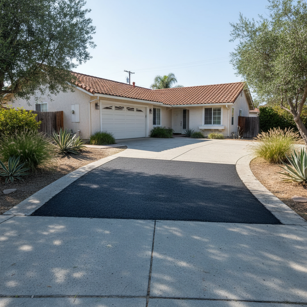 Completed asphalt patching work at a residential property in La Habra, CA