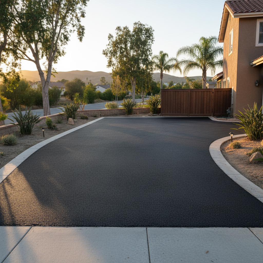 Completed asphalt sealcoating work at a residential property in La Habra, CA