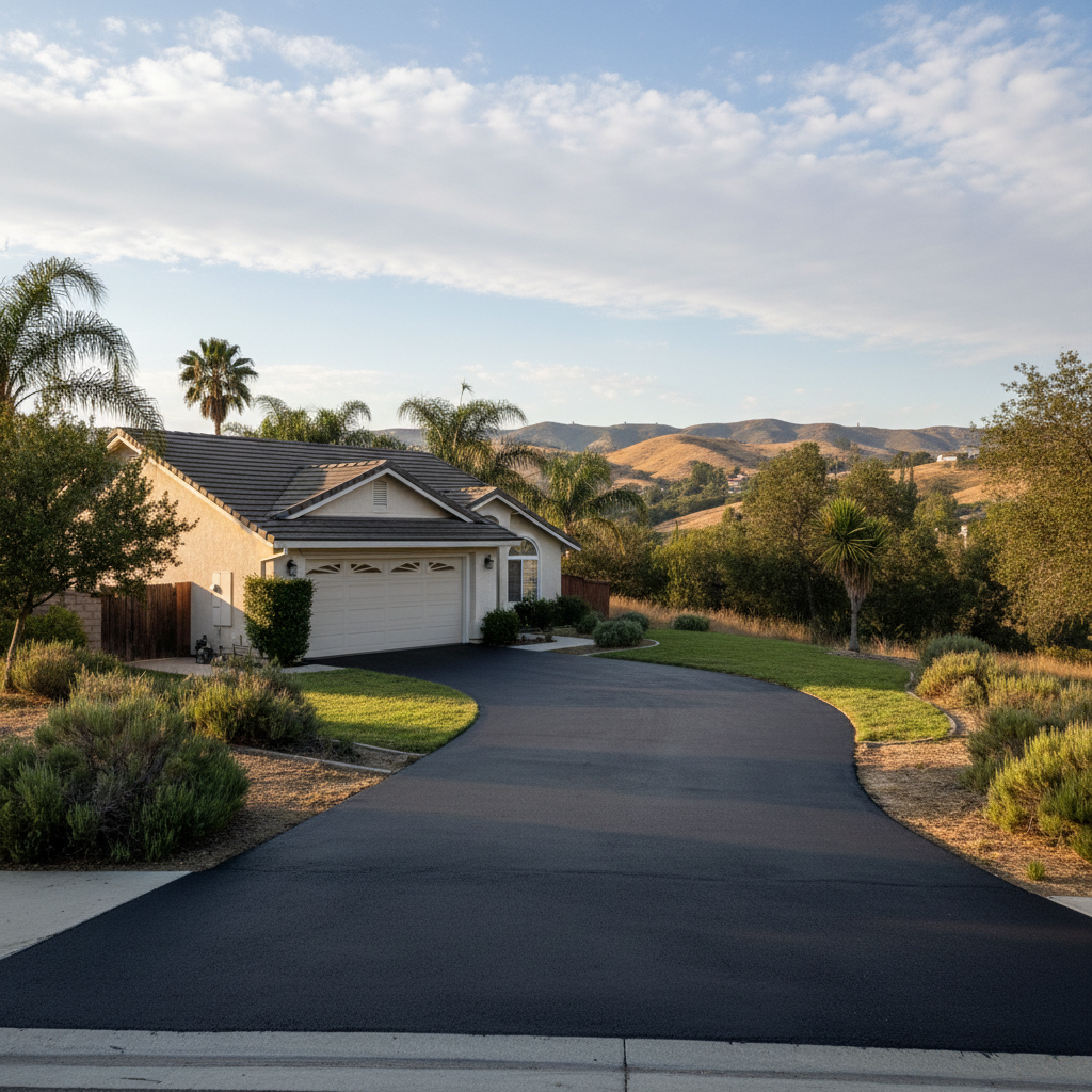 Completed asphalt sealcoating work at a residential property in La Habra, CA