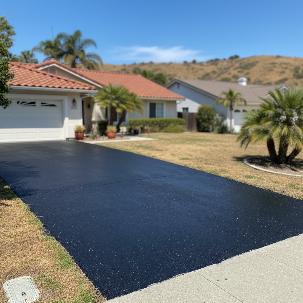 Completed asphalt sealcoating work at a residential property in San Marcos, CA