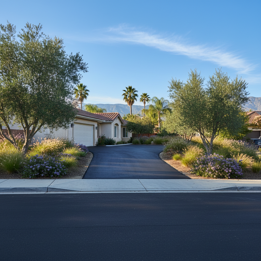 Completed driveway paving work at a residential property in Colton, CA